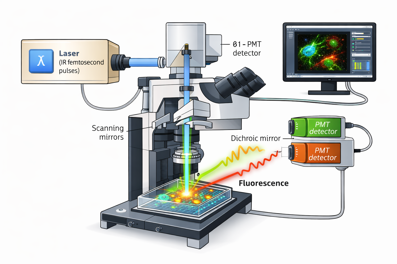 Schematic of a scanning two-photon microscope